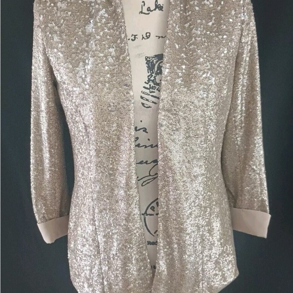 SAM EDELMAN | Champagne Gold Sequin Blazer Open Front 3/4 Sleeves - Picture 10 of 15